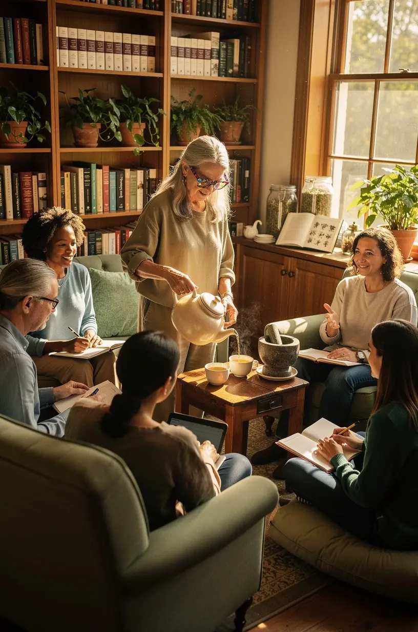 Tanulmányozó személy jegyzetekkel és különböző gyógynövényekkel, oktatási környezetben.